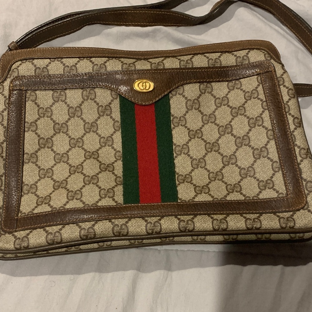 Gucci Beige and Brown Shoulder Bag with Red and Green Stripe